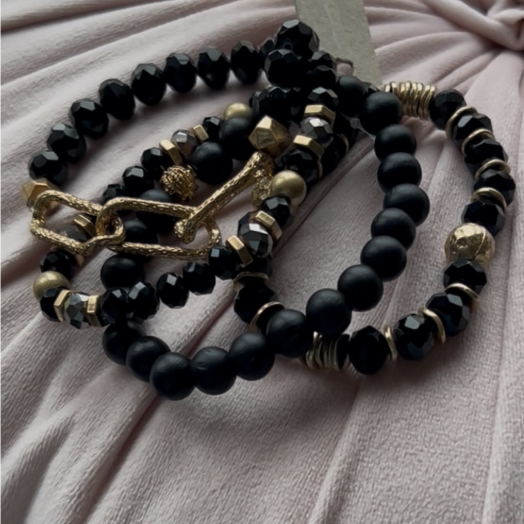 Garden Party 4-Black/Gold Beaded Stretch Stack Bohemian Bracelet Set - New W/Tag